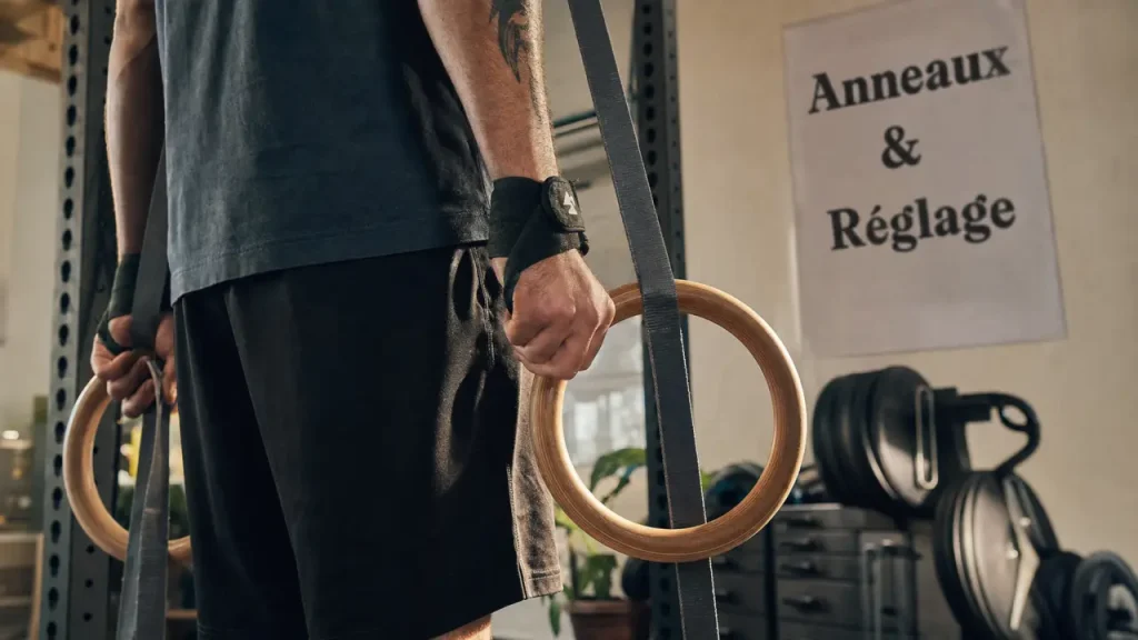 Anneaux gymnastique en bois avec sangles et stabilité