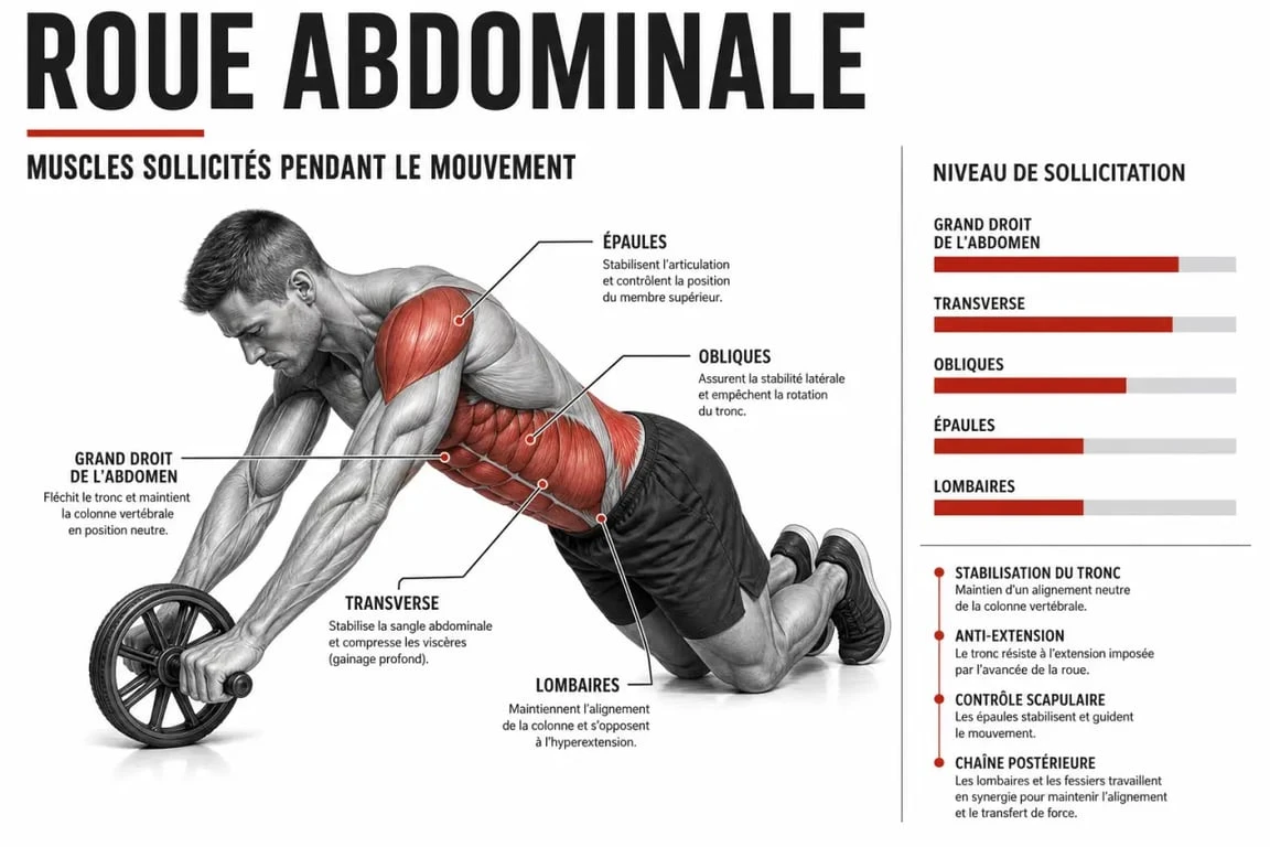 Infographie des muscles sollicités lors de l'exercice avec une roue abdominale ab wheel