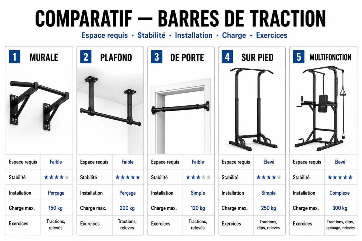 Barre a traction : comparatif visuel des types de barres selon l’espace, la stabilité et l’installation