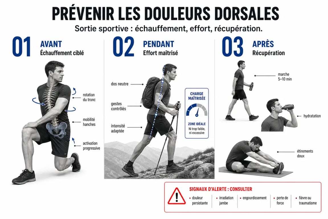 Prévenir les douleurs dorsales lors de vos sorties sportives : schéma des bons réflexes avant, pendant et après l’effort