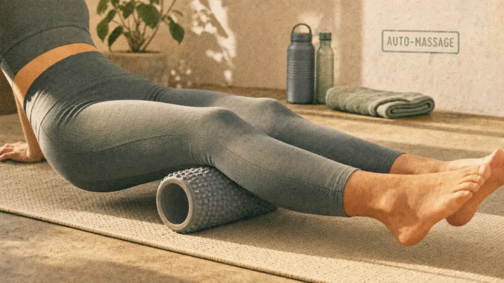 Personne utilisant un foam roller sur les mollets, pour récupération et auto-massage