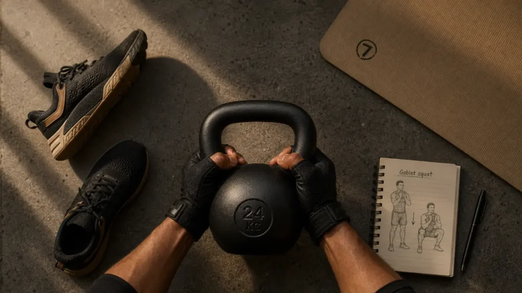 Goblet squat : kettlebell en charge devant, buste droit