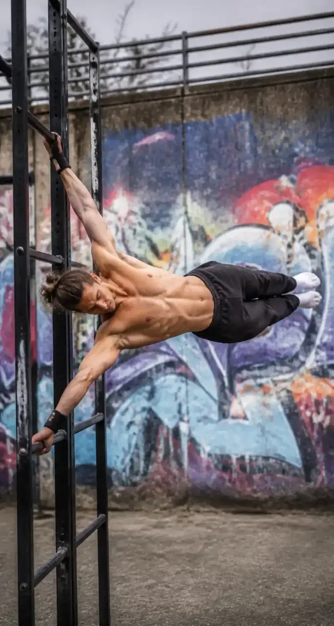 Athlète réalisant un drapeau humain sur une structure de street workout urbaine