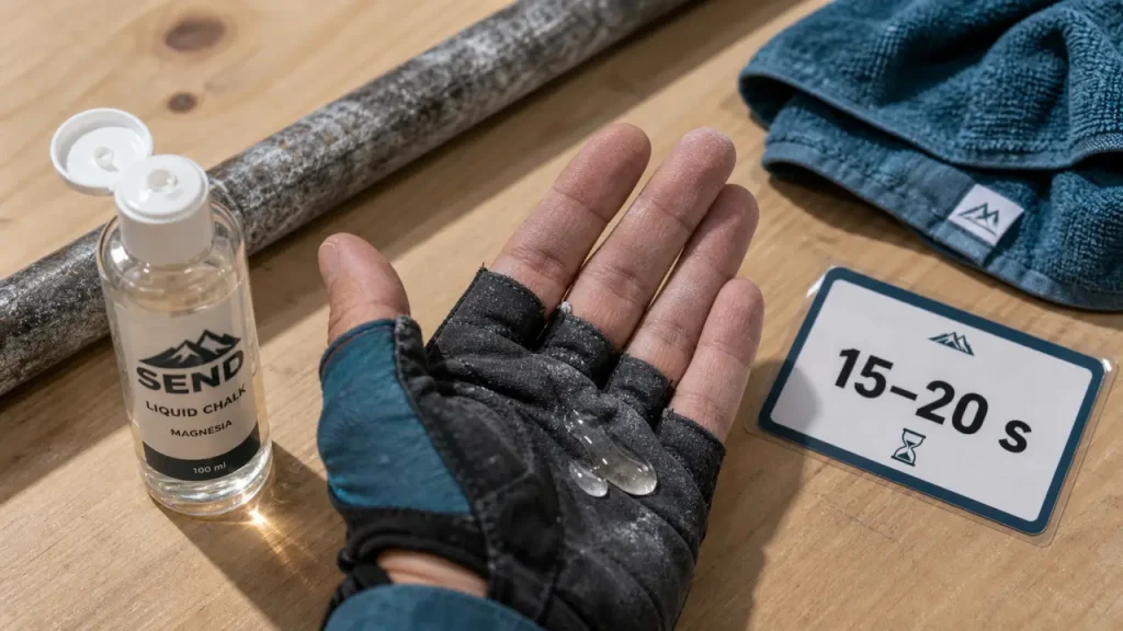 Magnésie liquide sur paume : séchage 15–20 s pour grip propre