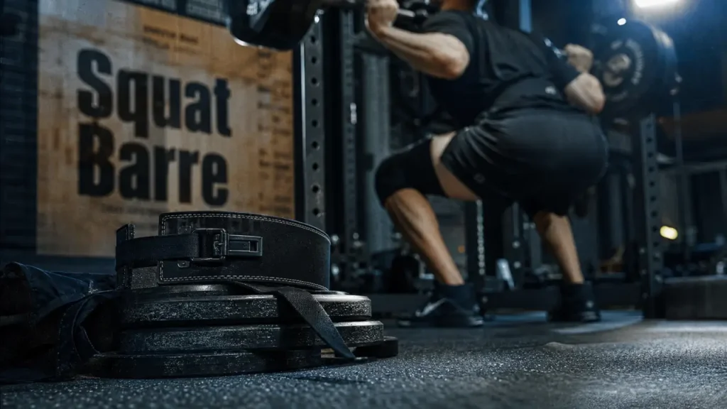 Squat barre : barre sur trapèzes en salle de musculation