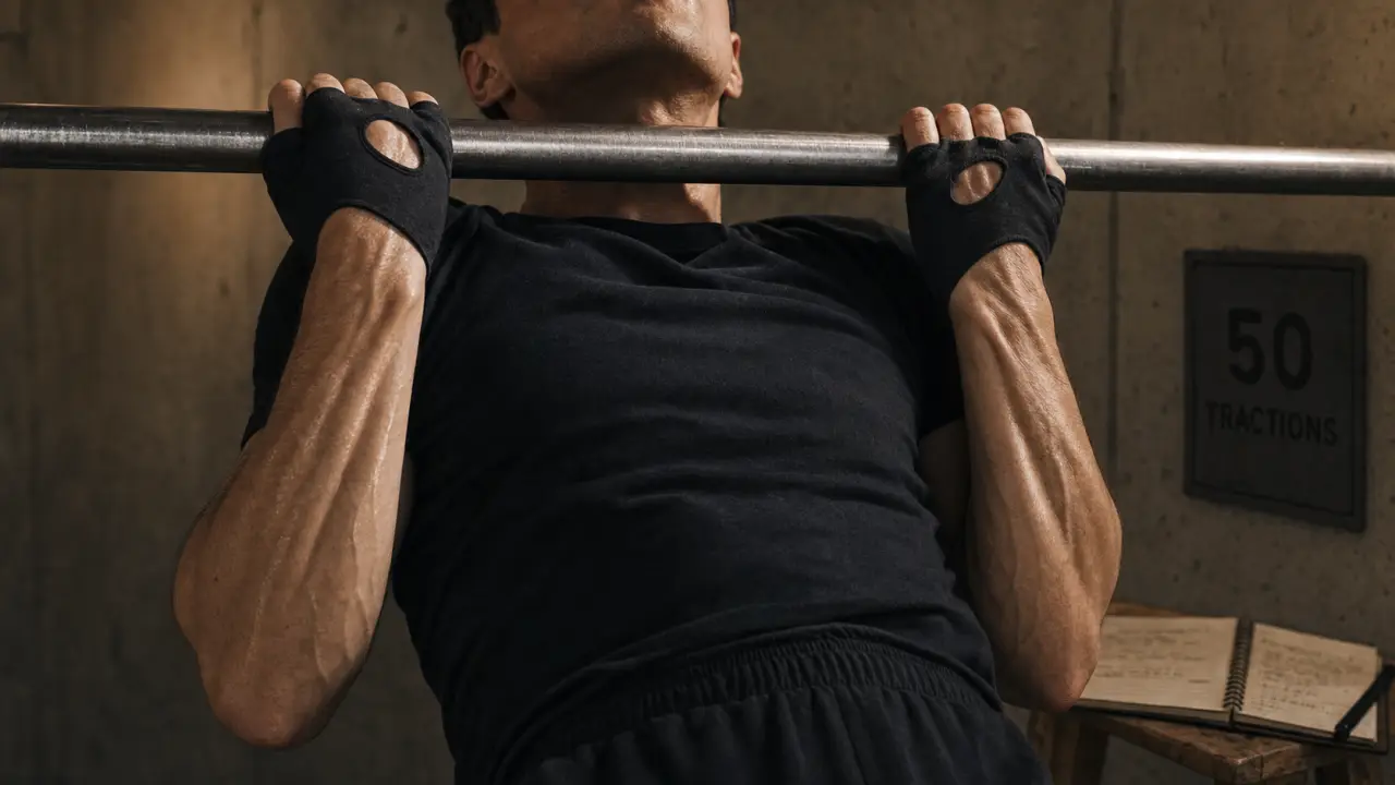 50 tractions : athlète en traction stricte, menton au-dessus
