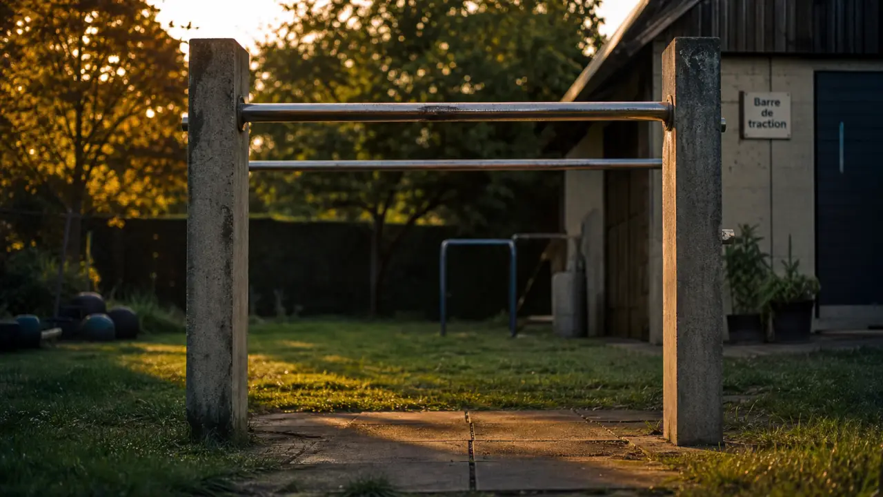 Barre de traction de jardin acier entre deux poteaux béton