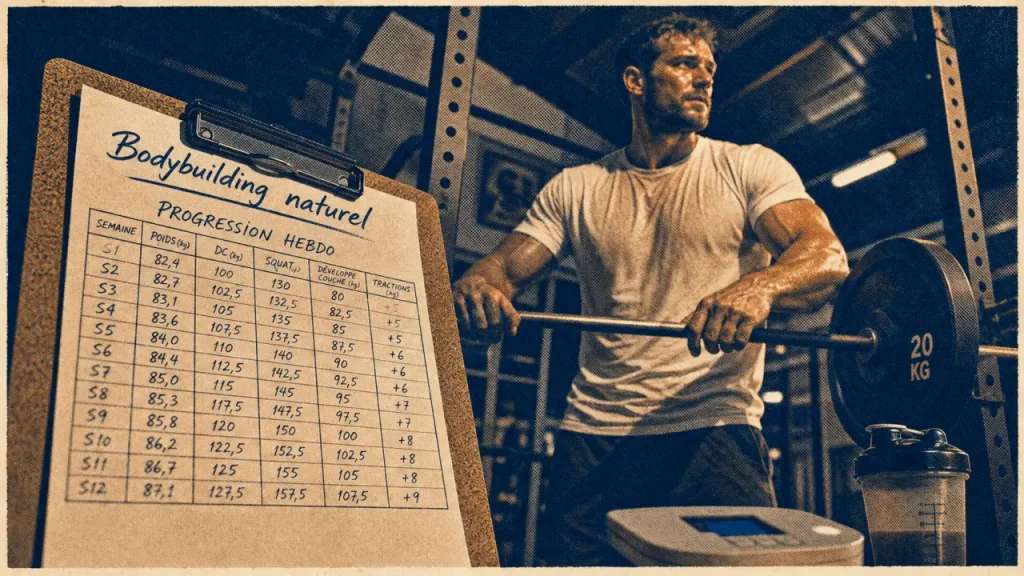 Bodybuilding naturelle : homme en salle, progression hebdo sans dopage