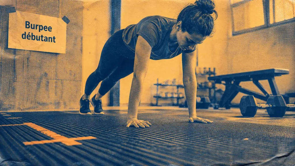 Burpees débutant sans saut sans pompe au sol sur tapis