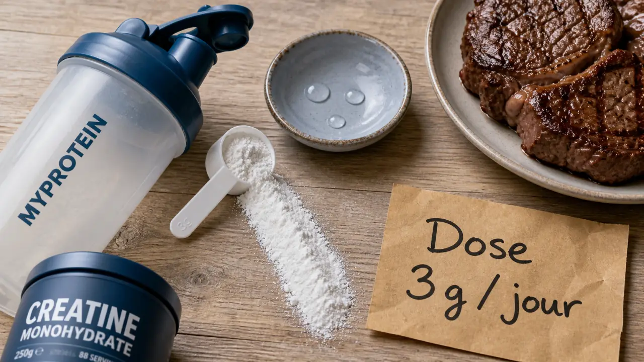 Créatine monohydrate dose 3 g jour, poudre dans un shaker