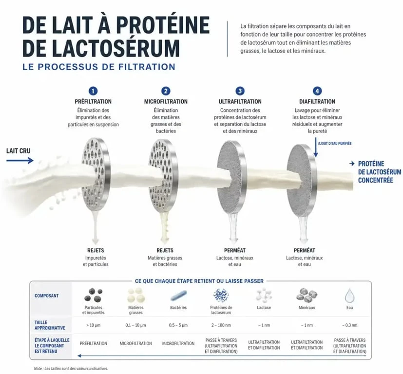 Schéma pédagogique du processus de filtration de la whey pour comprendre comment choisir sa whey