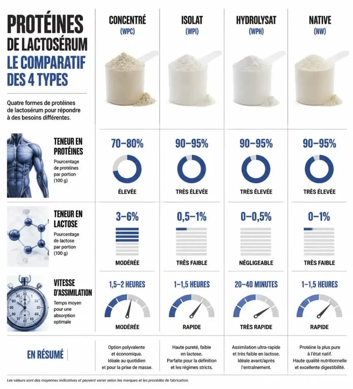 Comparatif visuel des types de whey : concentrée, isolate, hydrolysée et native pour choisir la meilleure whey