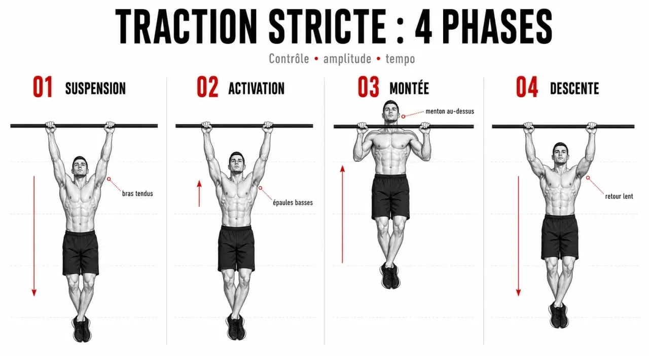 Programme traction : schéma en 4 phases d’une traction stricte avec suspension, montée contrôlée et descente lente