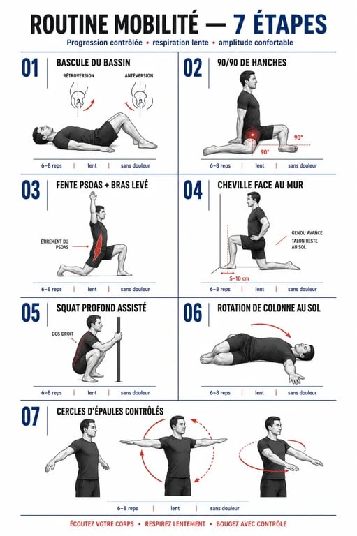 Exercices mobilité : routine de 10 minutes en 7 mouvements illustrés