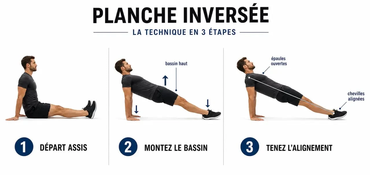 Planche inversée correcte pas à pas, du départ assis au maintien en ligne droite