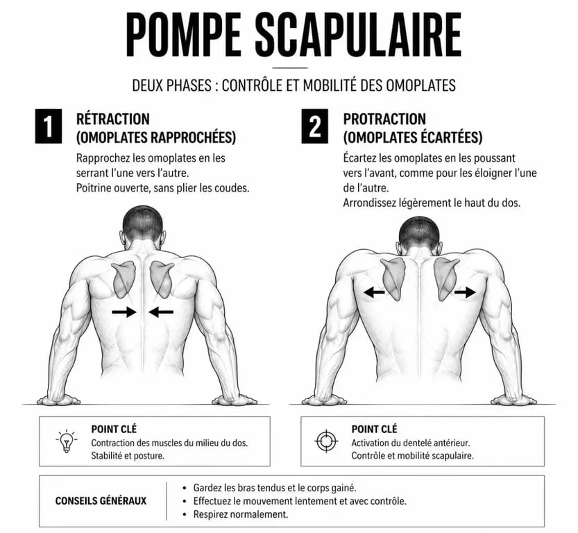 Illustration des phases de rétraction et protraction lors d'une pompe scapulaire