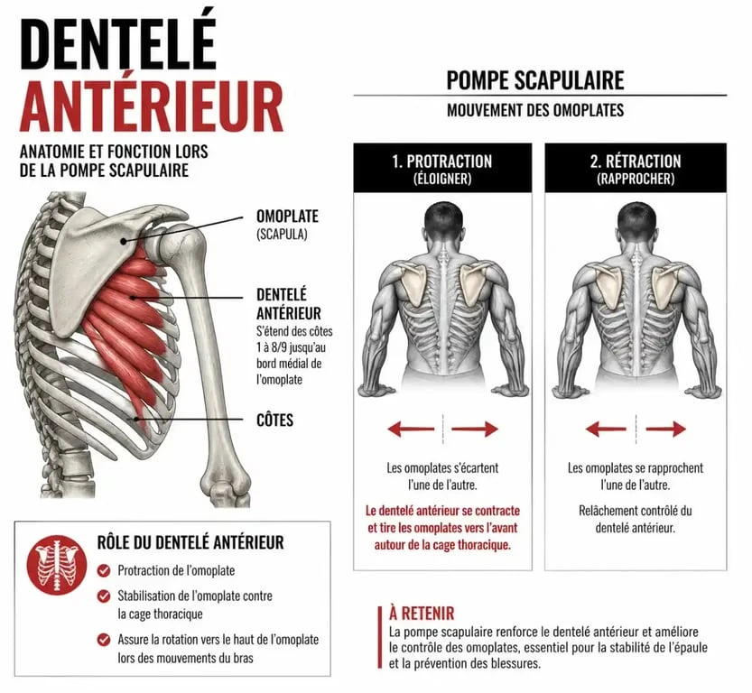 Schéma anatomique du dentelé antérieur et mouvement des omoplates lors d'une pompe scapulaire