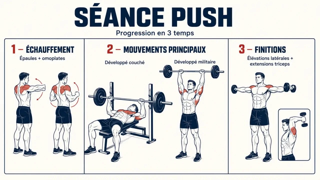 Séance push en musculation : ordre des exercices et muscles travaillés