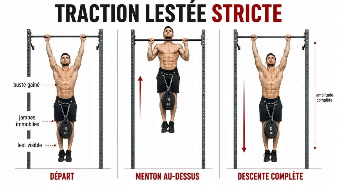 Traction lesté : athlète en traction stricte avec ceinture à lest, dos gainé et amplitude complète