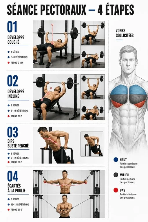 Séance pecs illustrée avec développé couché, développé incliné, dips et écartés