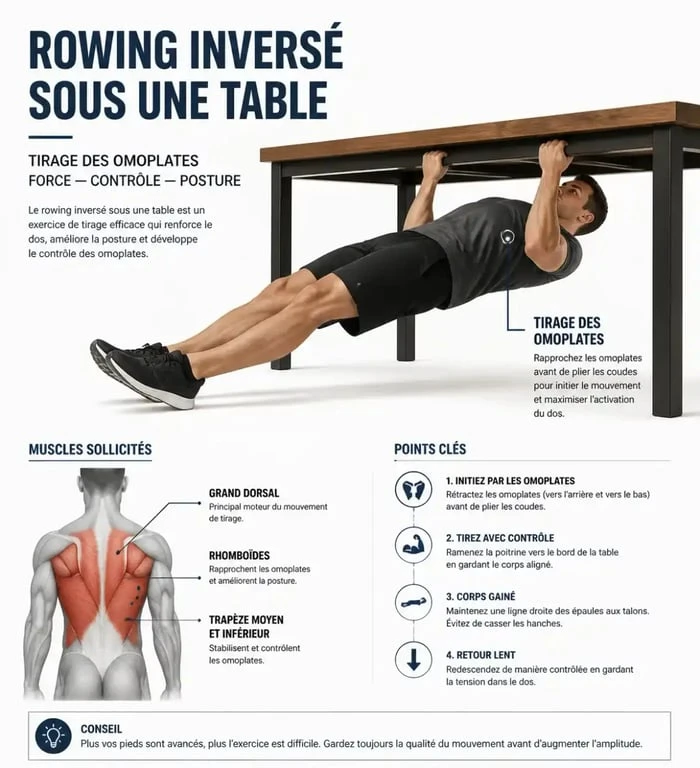 Exercice rowing inversé pour muscler le dos sans matériel