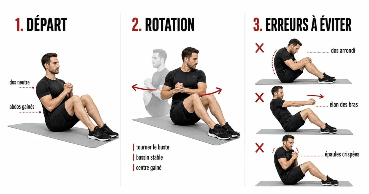 Russian twist : posture correcte, rotation contrôlée et erreurs à éviter