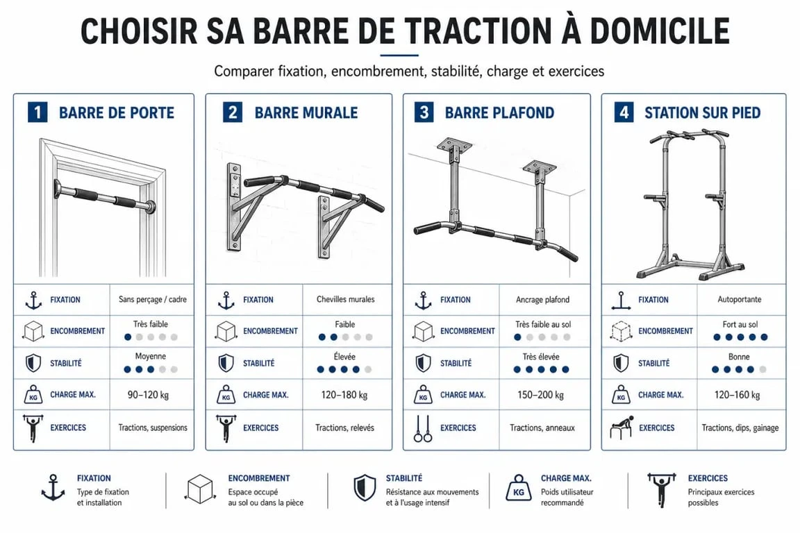 Infographie comparative sur la barre de traction : barre de porte, murale, plafond et station sur pied