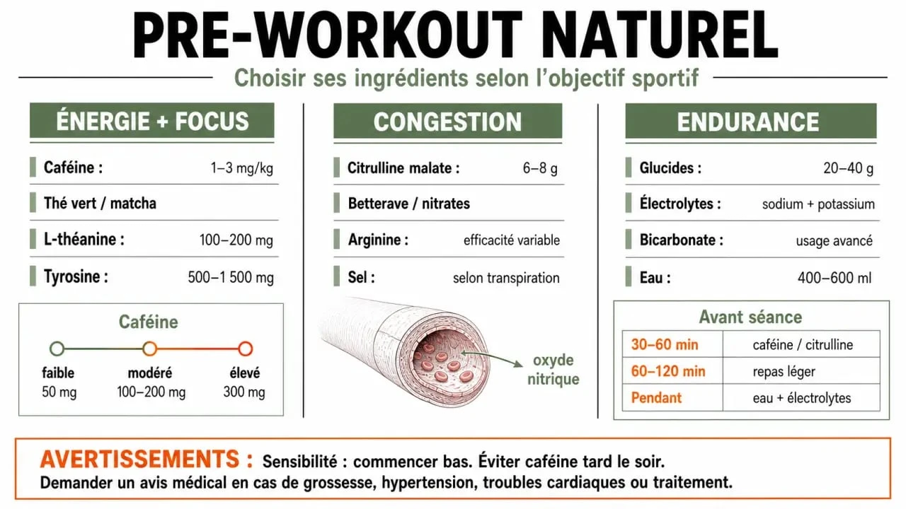 Infographie pre workout naturel : ingrédients, caféine, timing et objectifs sportifs
