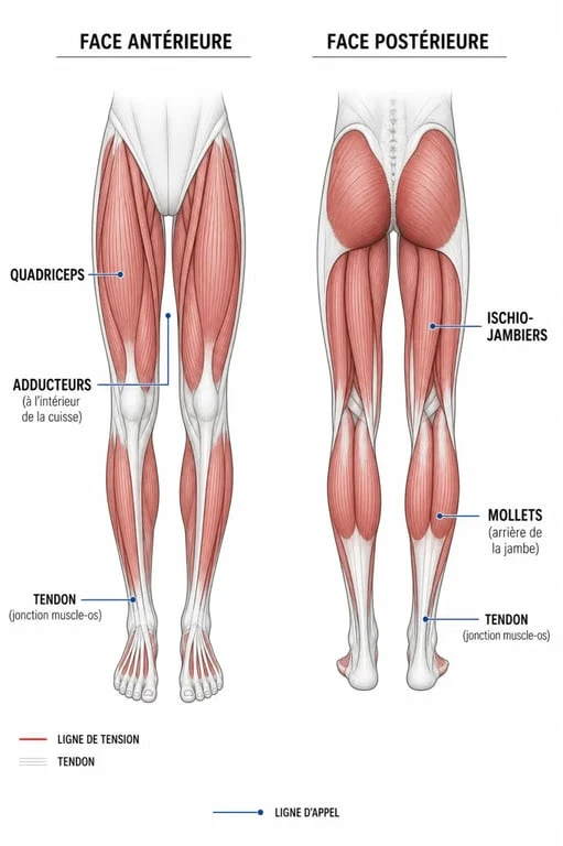 Schéma des muscles de la jambe pour les étirements : quadriceps, ischio-jambiers, adducteurs et mollets