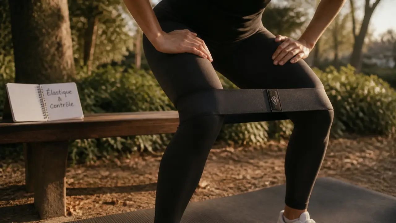 Exercice elastique : bande autour des genoux en demi-squat