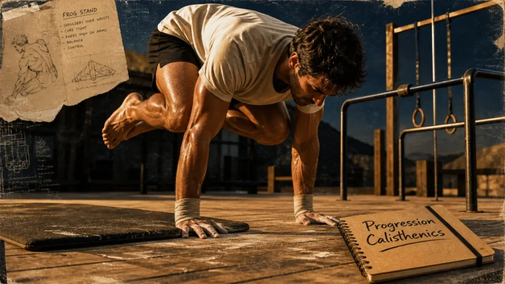 Figure calisthenics : frog stand débutant, mains au sol près d’un tapis