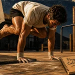 Figure calisthenics : frog stand débutant, mains au sol près d’un tapis