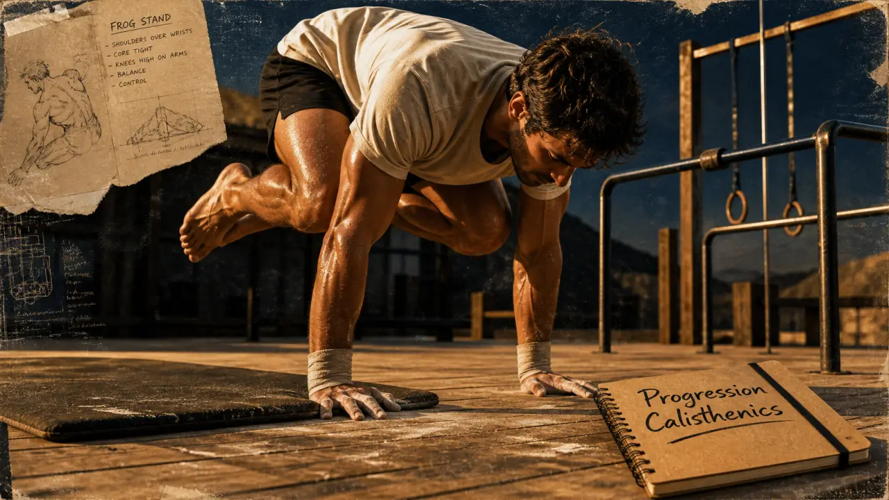 Figure calisthenics : frog stand débutant, mains au sol près d’un tapis