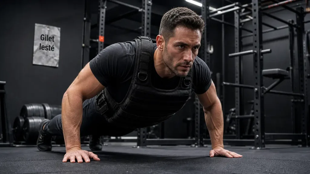 Gilet lesté noir avec poids amovibles en salle de sport
