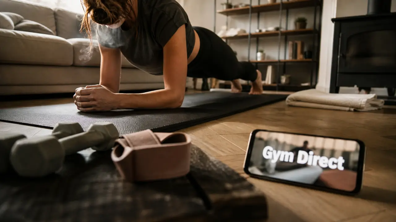 Gym Direct renforcement musculaire à la maison sur tapis, haltères et élastique