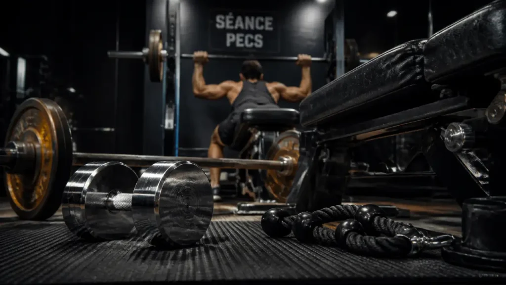 Seance pecs 15 minutes : développé couché pecs, haltères et banc