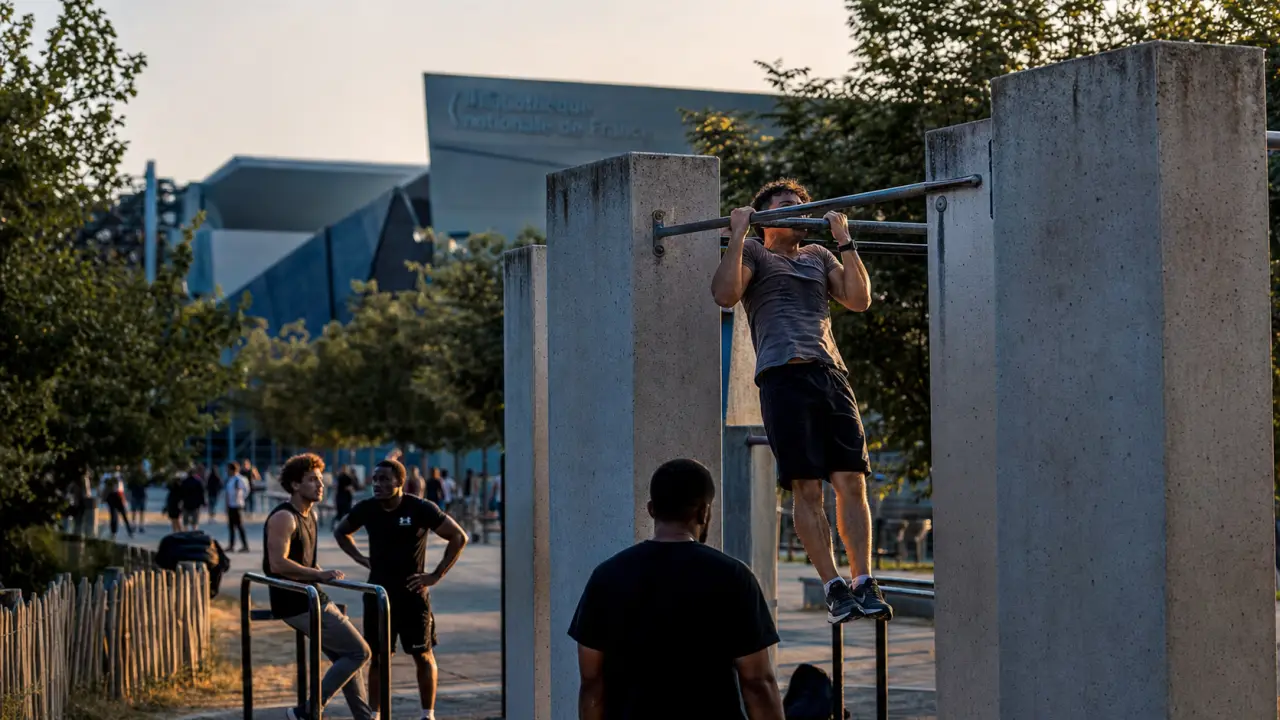 Street workout de bercy : tractions sur barres fixes dans le parc