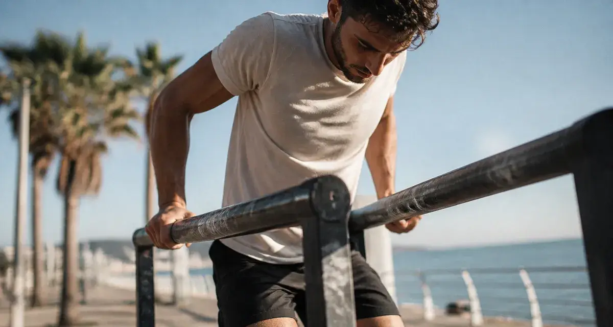 Street workout park cannes : athlète fait des dips entre barres en plein air