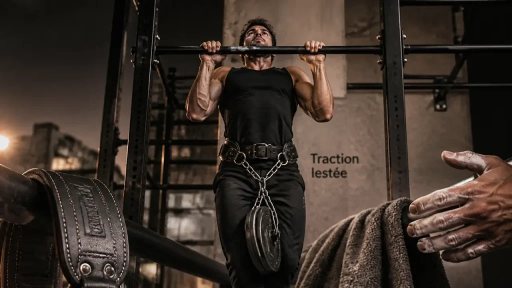 traction lesté sur barre fixe, 8 à 10 reps strictes