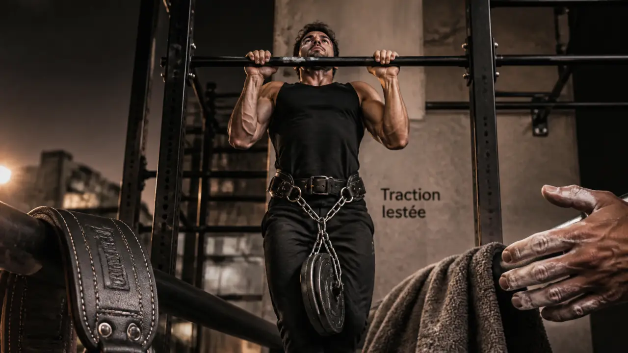 traction lesté sur barre fixe, 8 à 10 reps strictes