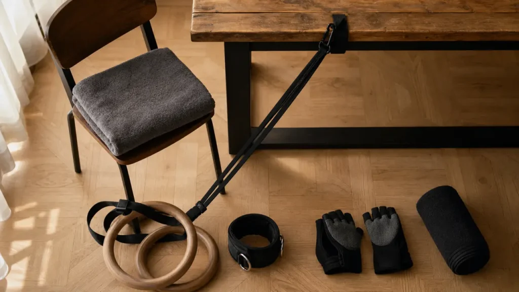 Traction sans barre : table, serviette, bande et anneaux sur parquet