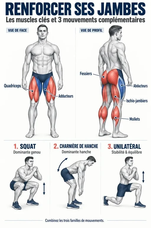 Infographie sur le renforcement musculaire des jambes et les principaux muscles sollicités