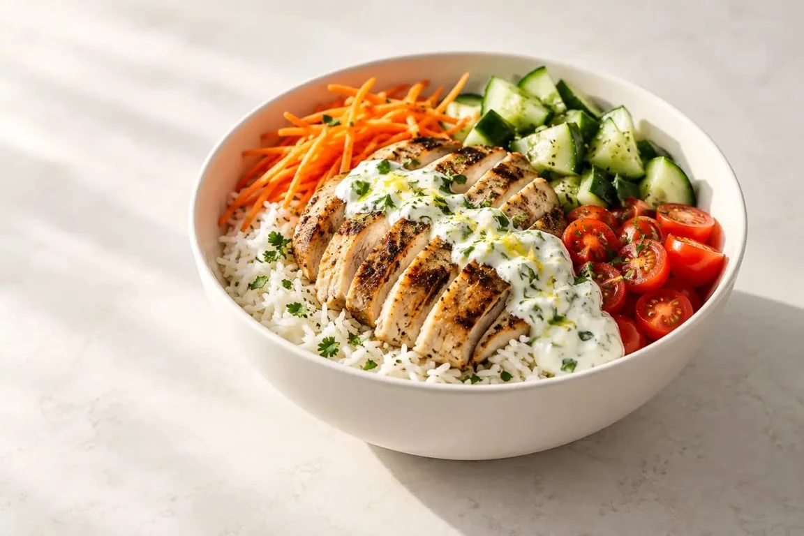 Plat sportif bowl de riz poulet et légumes après l’entraînement