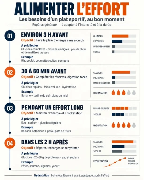 Plat sportif selon le moment de l’entraînement avant pendant et après l’effort