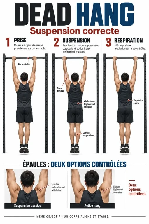 Illustration de l’exécution correcte du dead hang passif et de l’active hang
