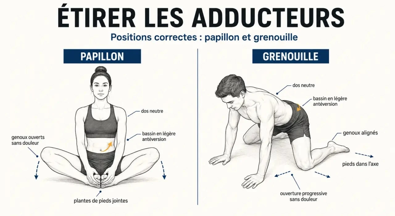 Étirer adducteurs : schéma des positions papillon et grenouille avec alignement du bassin et des genoux