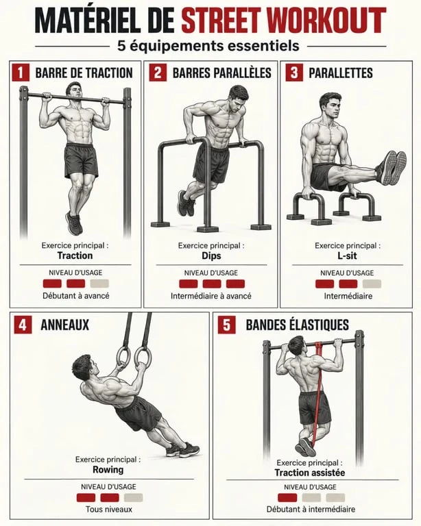 Infographie comparative du matériel street workout et de ses principaux usages