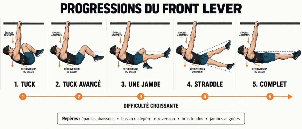 Progressions du front lever du tuck au full avec alignement correct