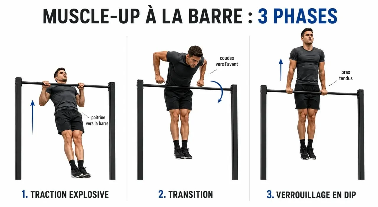 Schéma éditorial des 3 phases du muscleup : traction, transition et dip final