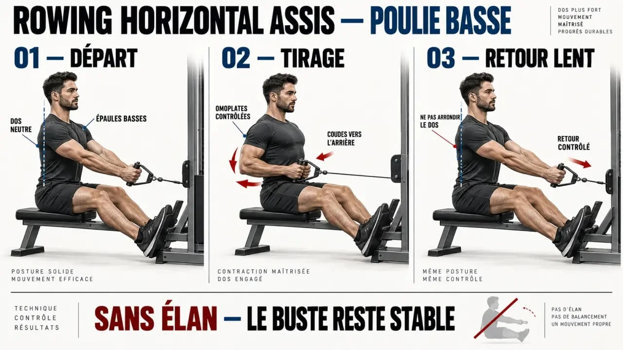 Illustration des étapes du rowing horizontal assis à la poulie basse avec dos stable et coudes vers l’arrière